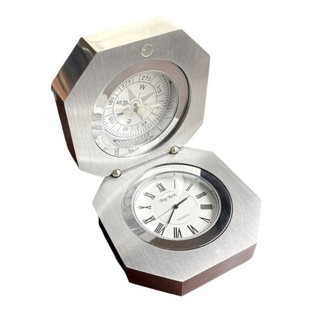 Bey Berk Compass Clock Gift Set Stainless Steel Hinged Case Desk Quartz 3x3" VG